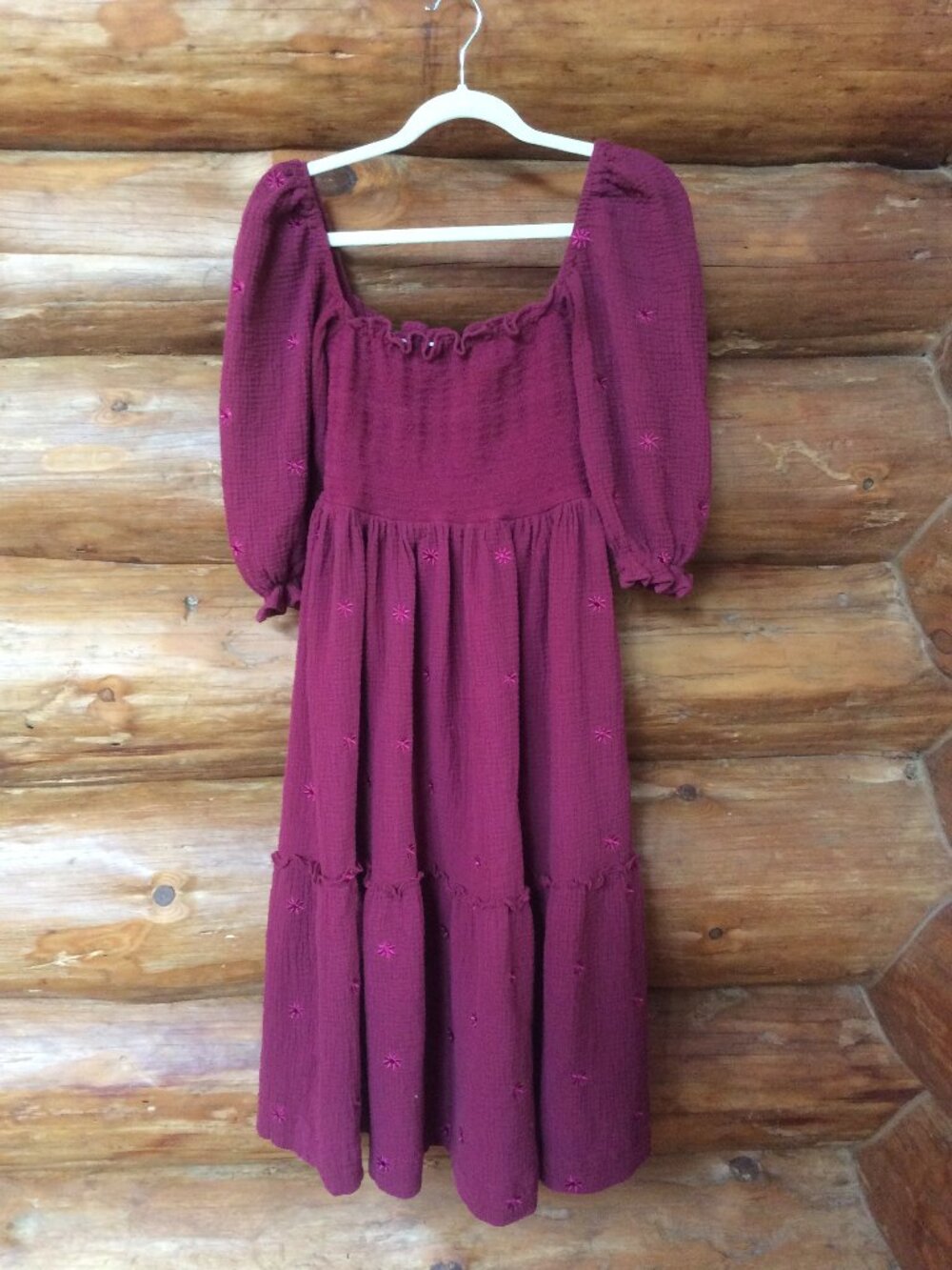 Boho Embroidered Burgundy Smocked Waffle Knit Prairie Midi Tiered Dress Size L